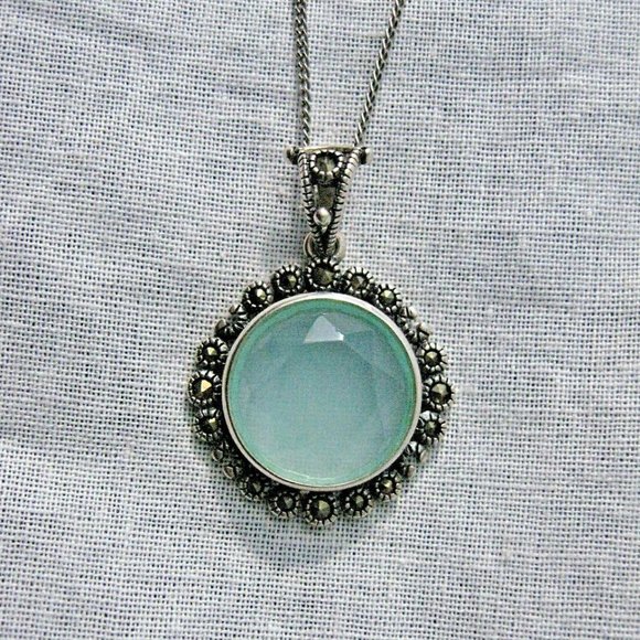 Jewelry - Sterling Silver Marcasite Aqua Glass Neckl…